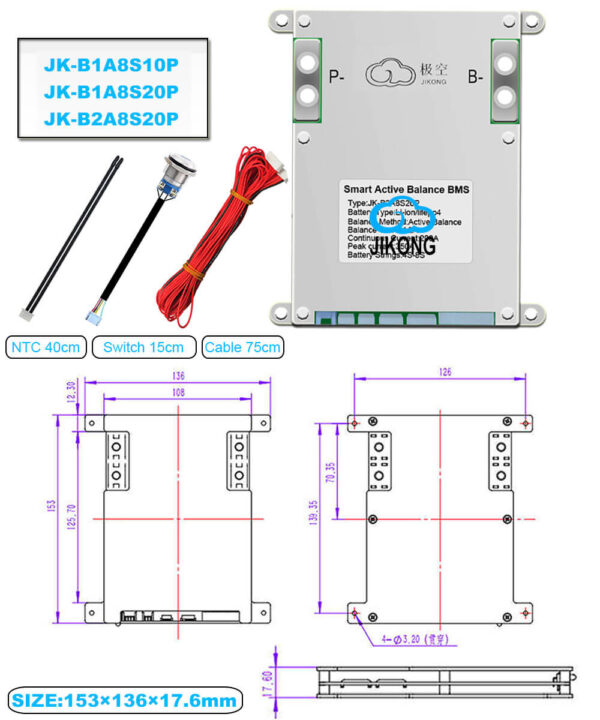 JKBMS 3S-8S 12V-24V Heating CANBUS Active Balance BMS Balance Current 1A-2A Continuous Current 100A-200A Lifepo4 li-ion LTO Battery (12)